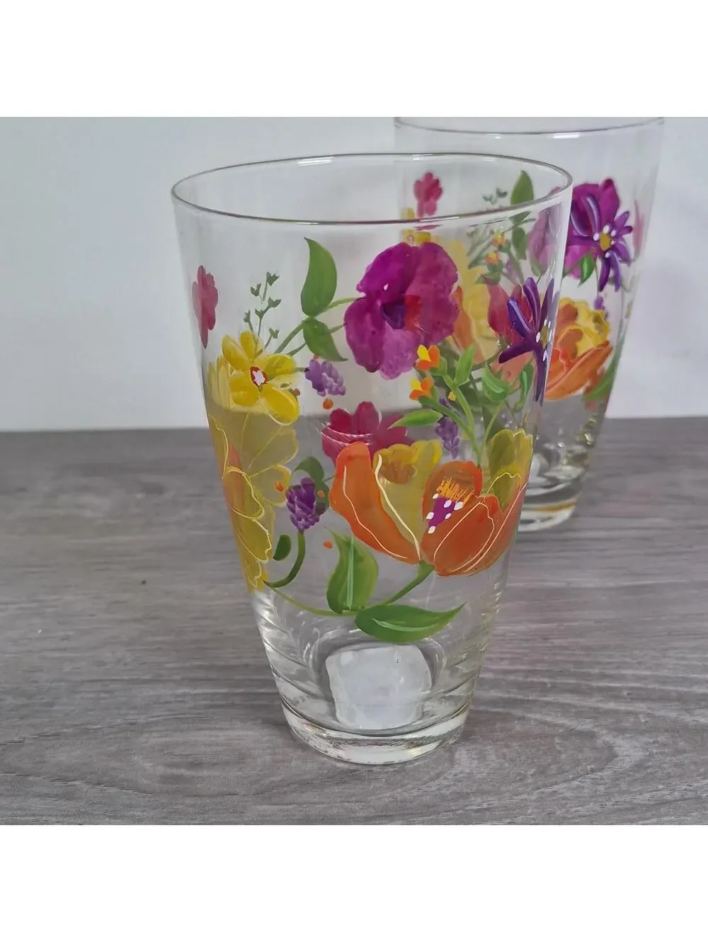 Pier 1 Tall Tumbler Set of 4 Mouth Blown Painted Floral Summer Glasses